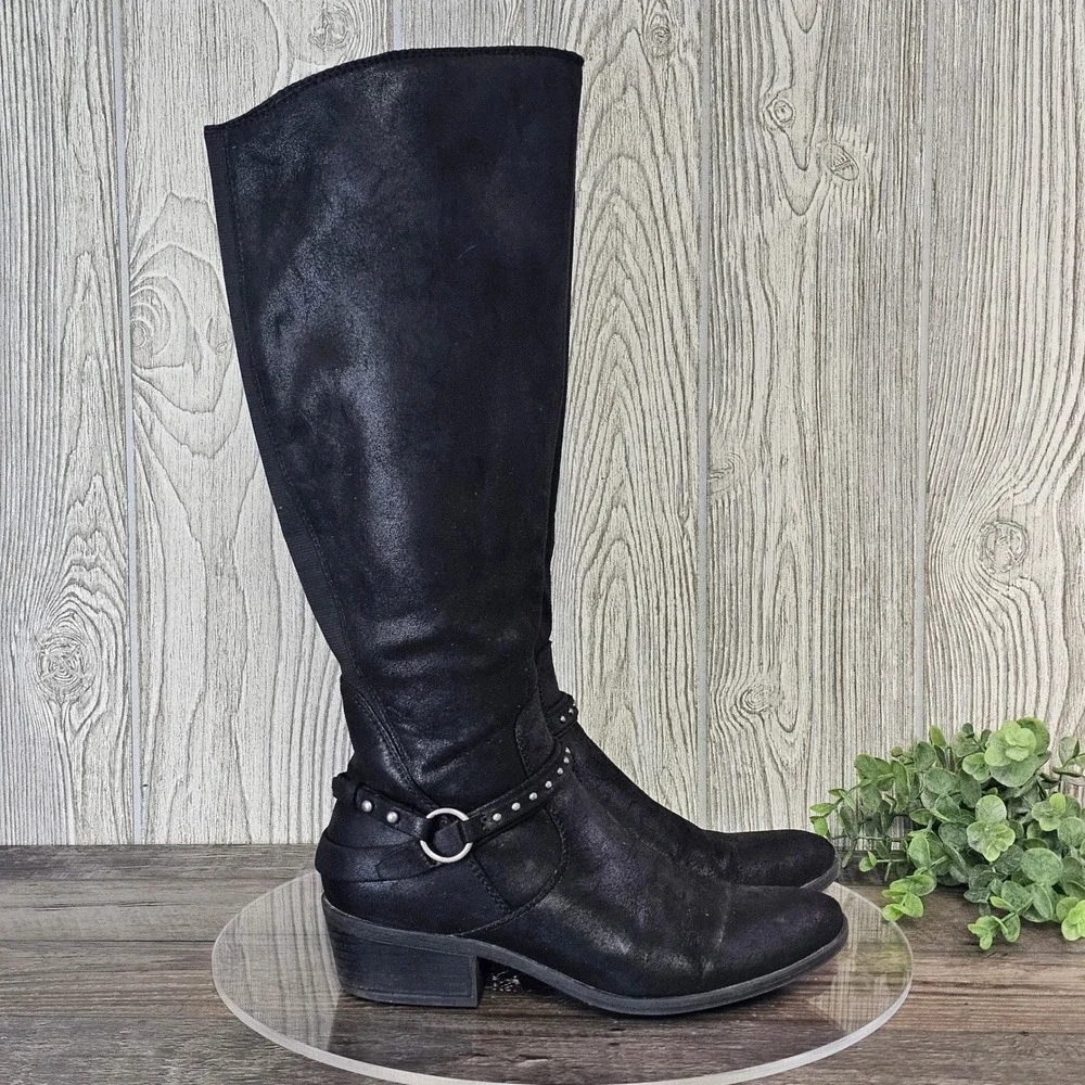 Baretraps Greer Black Knee HIgh Riding Boots Studded Strap Detail Women's 7M - Picture 2 of 10